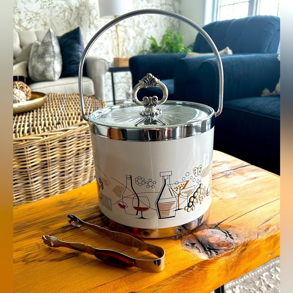 Vintage, MCM, ice buckets, and tongs with great bar inspired pattern